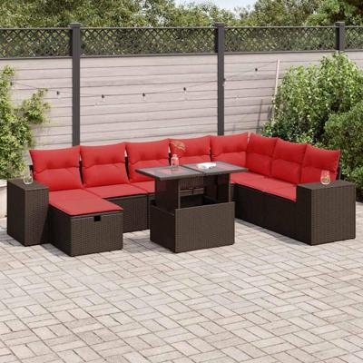 9-delige Loungeset met kussens poly rattan acacia zwart
