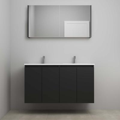 On-Line Badkamermeubelset - 120 cm - Voorgemonteerd - Greeploos 4 Deuren - Acryl Wastafel - 2 Kraangaten - Spiegelkast - Mat Zwart