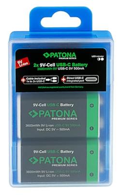 PATONA 9V blok rookmelder accu's 3,6Wh (2-pack), oplaadbaar via USB-C (500mA), USB-C oplaadkabel met 2 aansluitingen voor afstandsbedieningen, draadloze microfoons, wekker en zaklamp
