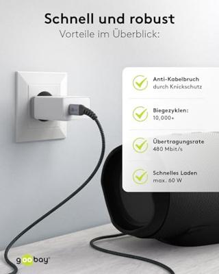 Goobay 49301 snellaadkabel USB C 60W 20V / extreem robuuste textielkabel / 480 Mbits oplaadkabel USB C/snellaadkabel Samsung USB C kabel 0,5 m/stoffen kabel grijs / 0,5 m