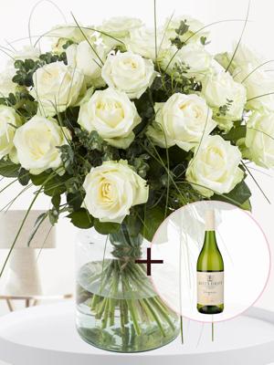 Wit rozenboeket + gratis witte Viognier wijn Wit rozenboeket + gratis witte Viognier wijn
