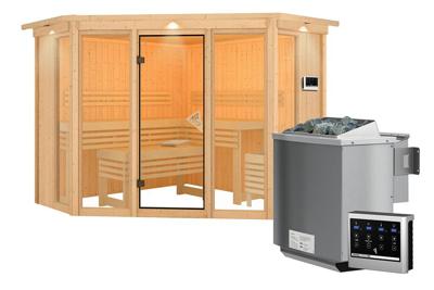 Karibu | Alcinda 2 Sauna met Dakkraag | Biokachel 9 kW Externe Bediening