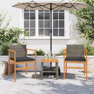 Tuinstoelen 2 st met kussens poly rattan en massief hout grijs - thumbnail