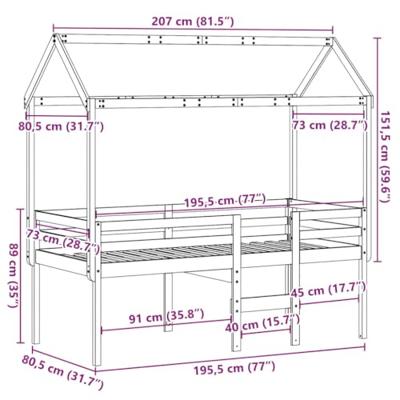 Hoogslaper met dak massief grenenhout wasbruin 75x190 cm