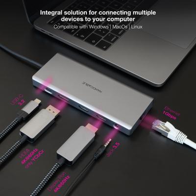 NANOCABLE 10.16.4612 - USB-C Hub, 12-in-1, USB-C 3.1 naar 3 x USB-A 3.2 + USB-C PD + 2 x HDMI 4K @ 60Hz + RJ45 1 Gbps + TF + SD + Audio Jack 3.5, Aluminium, Grijs, 1 ca. 8 cm
