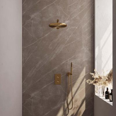 Regendoucheset Inbouw Brauer Gold Carving Thermostatisch 30 cm met 3-Weg Omstelling, Wandarm en Staaf Handdouche Geborsteld Goud Brauer