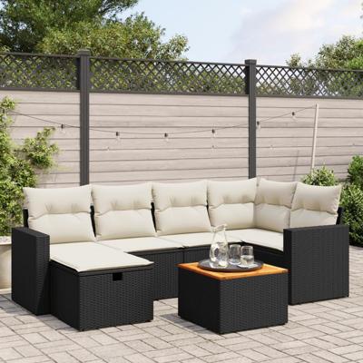 7-delige Loungeset met kussens poly rattan zwart