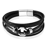 Mendes Jewelry Heren Armband van Roestvrijstaal en Echt Leder - Stijlvol Zwart met Zilveren Achtkant-23cm - thumbnail