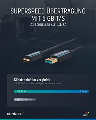 Clicktronic USB-C stekker naar USB-A 3.0 stekker premium kabel/USB 3.2 Gen 1 / type C naar A/snellaadkabel tot 15W / max. overdrachtssnelheid 5 Gbit/s/USB C datakabel voor USB-apparaten, 2m