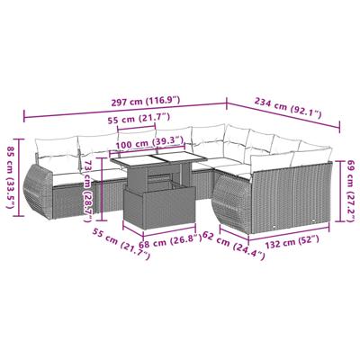 10-delige Loungeset met kussens poly rattan zwart - thumbnail