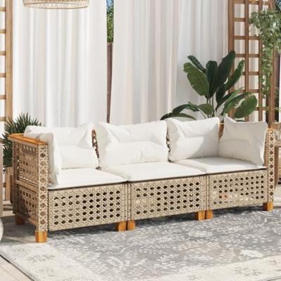 Tuinbank 3-zits met kussens poly rattan beige