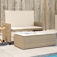 Tuinbank met kussens en voetenbank poly rattan beige - thumbnail