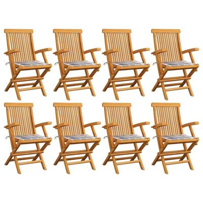 Tuinstoelen 8 st met grijs geruite kussens massief teakhout