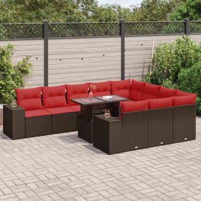 11-delige Loungeset met kussens poly rattan acacia bruin