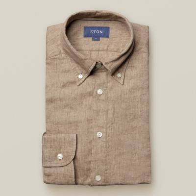 Eton Heren Popover Overhemd Luxe Linnen Groen Slim Fit
