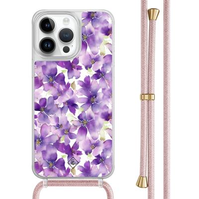 iPhone 13 Pro Max hoesje met rosegoud koord - Floral violet iPhone 13 Pro Max hoesje met rosegoud koord - Floral violet