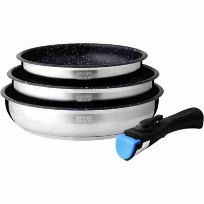 Set van 3 koekenpannen - Arthur Martin - AM2196 - 20-24-26 cm - Roestvrij staal - Afneembare handgreep - Alle kookplaten inclusief inductie