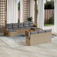 10-delige Loungeset met kussens poly rattan gemengd beige - thumbnail
