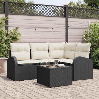 Tuinbankenset met kussen 5 pcs Zwart en Wit poly rattan