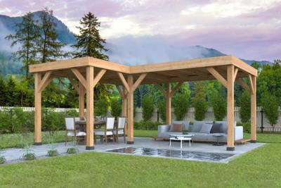 Tuindeco Beerze prieel 620x520 cm L-Vorm Douglas blank - Bouwpakket- Plat dak- Onbehandeld lariks Douglas hout- Tuindeco Tuindeco Beerze prieel 620x520 cm L-Vorm Douglas blank - Bouwpakket- Plat dak- Onbehandeld lariks Douglas hout- Tuindeco