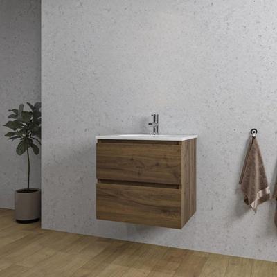 Adema Chaci Badkamermeubelset - 60x46x57cm - 1 ovale keramische wasbak wit - 1 kraangat - 2 lades - noten (hout) SW1212758/SW718716 Adema Chaci Badkamermeubelset - 60x46x57cm - 1 ovale keramische wasbak wit - 1 kraangat - 2 lades - noten (hout) SW1212758/SW718716