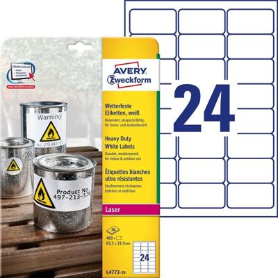 Avery ultra-sterke witte etiketten ft 63,5 x 33,9 mm (b x h), 480 stuks, 24 per blad Avery ultra-sterke witte etiketten ft 63,5 x 33,9 mm (b x h), 480 stuks, 24 per blad