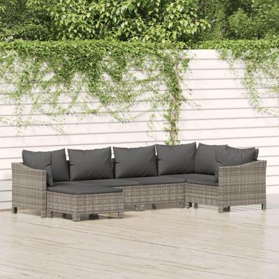6-delige Loungeset met kussens poly rattan grijs