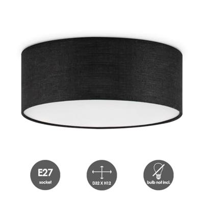Moderne Plafondlamp - Cilinder - Stoffen Lampenkap - Zwart - Minimalistische stijl - ø32 x 12 cm - E27 fitting - Voor slaapkamers en woonkamers