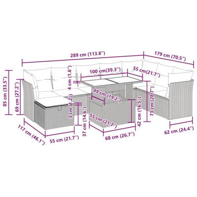 9-delige Loungeset met kussens poly rattan grijs