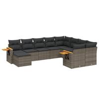 10-delige Loungeset met kussens poly rattan grijs - thumbnail