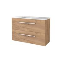 Badmeubelset BWS Salt 100x39cm Met Grepen 2 Lades Met Wastafel 1 Kraangat Whisky Oak - thumbnail