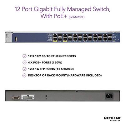 NETGEAR 12-poorts Gigabit Ethernet volledig beheerbare PoE-switch (GSM7212F) - met 4 PoE-poorten @ 150 W, 12 1 Gigabit SFP-poorten (gedeeld), desktop/rack, levenslange ProSAFE en M4100-serie
