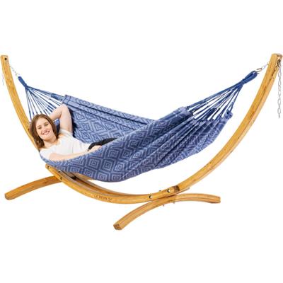 Eenpersoons hangmat met houten standaard - 300x140cm - Paars - 120kg draagkracht- 100% katoen - binnen & buiten