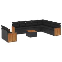 11-delige Loungeset met kussens poly rattan zwart - thumbnail