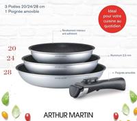 Set van 3 koekenpannen - Geschikt voor alle kookplaten, inclusief inductie - 20-24-28 cm Arthur Martin - AM521S - Aluminium - Anti-aanbaklaag - Afneembaar handvat - thumbnail