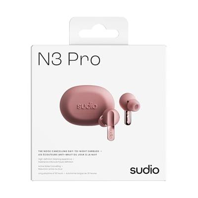 sudio N3Pro Poeder roze - de dag-tot-nacht oordopjes met ruisonderdrukking. Actieve ruisonderdrukking (35dB), speelduur van 5,5 uur, IPX4, microfoons om gesprekken aan te nemen, Bluetooth 5.4
