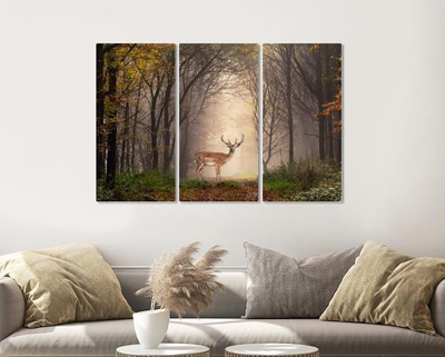 Schilderij - Hert in het bos, 120x80cm, 3 luik, premium print