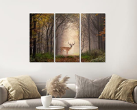Schilderij - Hert in het bos, 120x80cm, 3 luik, premium print - thumbnail