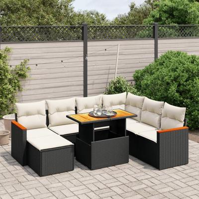 8-delige Loungeset met kussens poly rattan zwart
