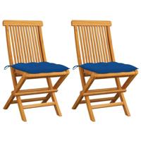 Tuinstoelen 2 st met blauwe kussens massief teakhout - thumbnail