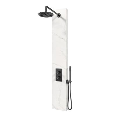 BRAUER Gunmetal Edition thermostatisch douchepaneel 2-weg omstelling calacatta gold SET 01 met 20 cm douchekop en gebogen muurarm en staaf handdouche en wandaansluitbocht en doucheslang gunmetal geborsteld PVD