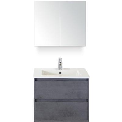 Porto Badmeubelset 70 cm - Beton Antraciet - Keramische Wastafel Wit Slim met Spiegelkast