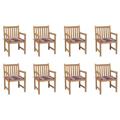 Tuinstoelen 8 st met rood geruite kussens massief teakhout