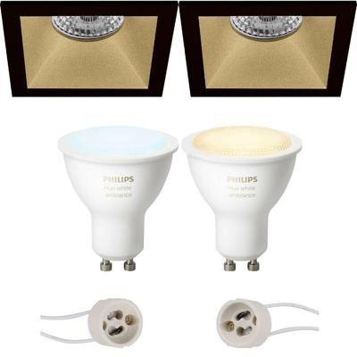 GU10 Inbouwspot Set - Mat Zwart/Goud - Inbouw Vierkant - Verdiept - Philips Hue - White Ambiance - Bluetooth - Pragmi Pollon Pro - 82mm