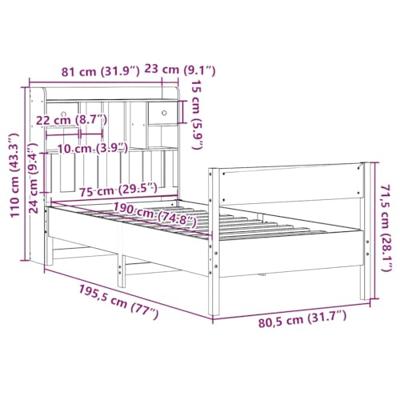 Bed met boekenkast zonder matras grenenhout wasbruin 75x190 cm