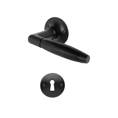 De Oude Deurklink Klassiek geveerd mat zwart rond met sleutelrozet De Oude Deurklink Klassiek geveerd mat zwart rond met sleutelrozet