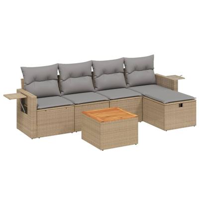 6-delige Loungeset met kussens poly rattan beige
