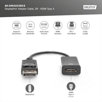 Digitus AK-340415-002-S DisplayPort / HDMI Adapter [1x DisplayPort stekker - 1x HDMI-bus] Zwart 4K UHD, Afgeschermd (dubbel), Afsluitbaar 20.00 cm