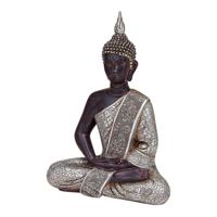 Buddha zittend in zilver van poly, 29 cm. - thumbnail
