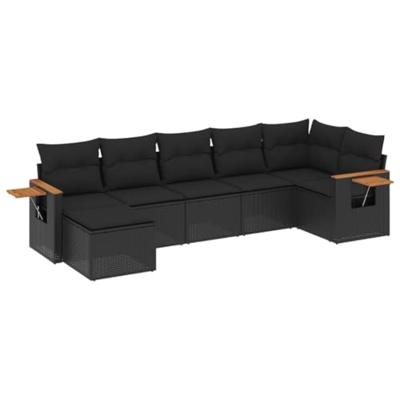 7-delige Loungeset met kussens poly rattan zwart